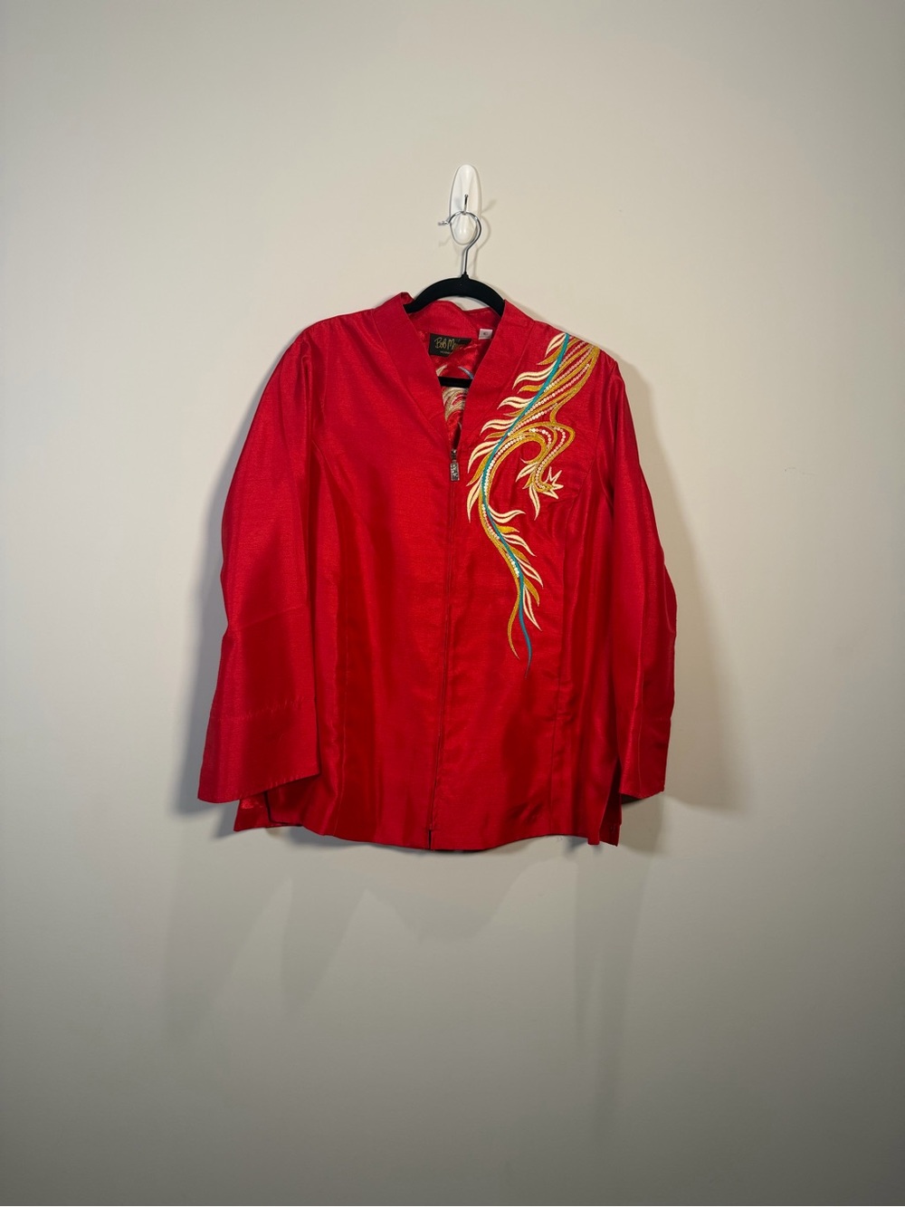 Bob Mackie Wearable Art Red Embroidered Phoenix Zip Jacket Womens Size L